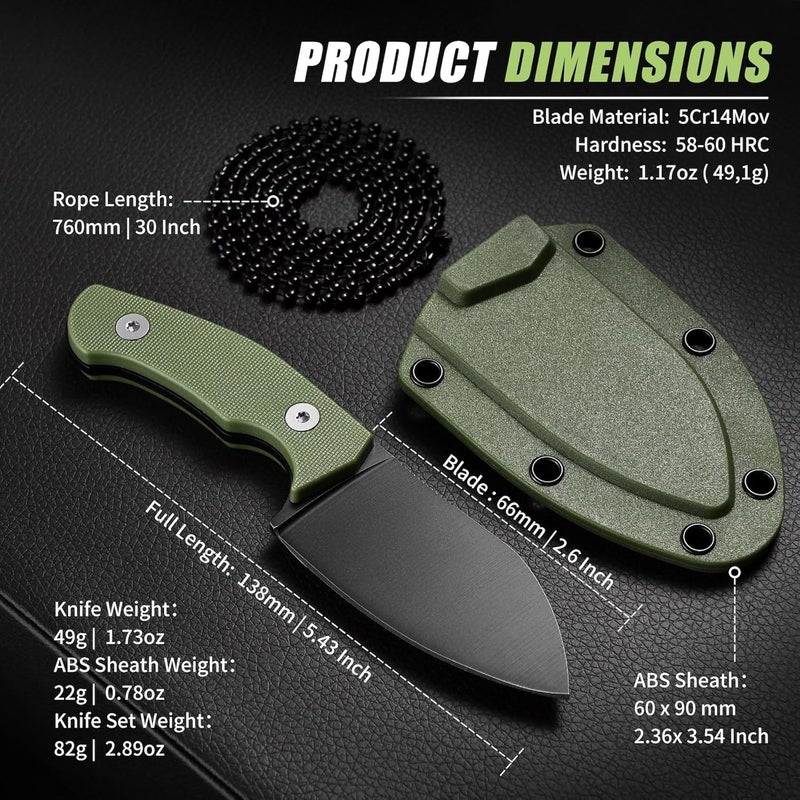 SPITZKANTE P-DA Neck Knife – EDC Fixed Blade with Sheath and Necklace, Full Tang 2.8" 5Cr14MoV Stainless Steel, Green Handle, for Hiking & Camping - Image 4